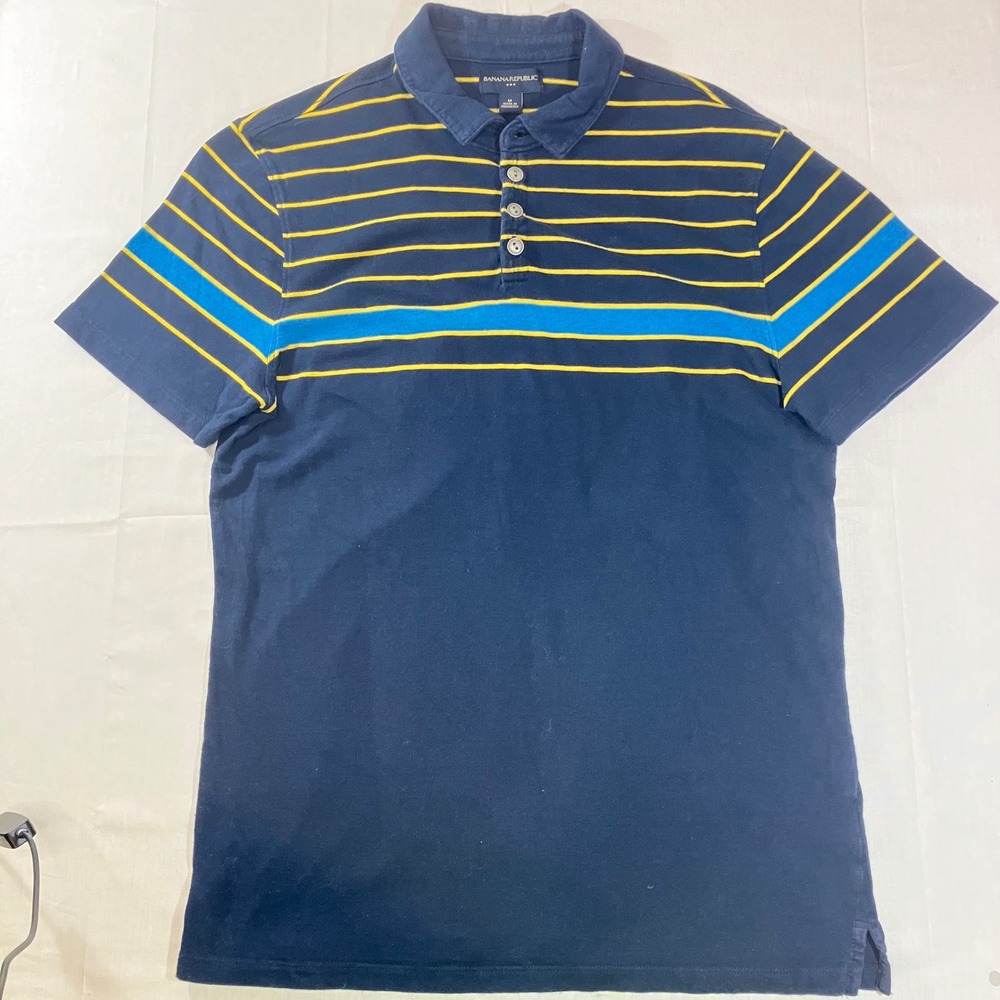 Banana Republic Mens Medium Navy Blue Yellow Teal Striped Cotton Polo Shirt
